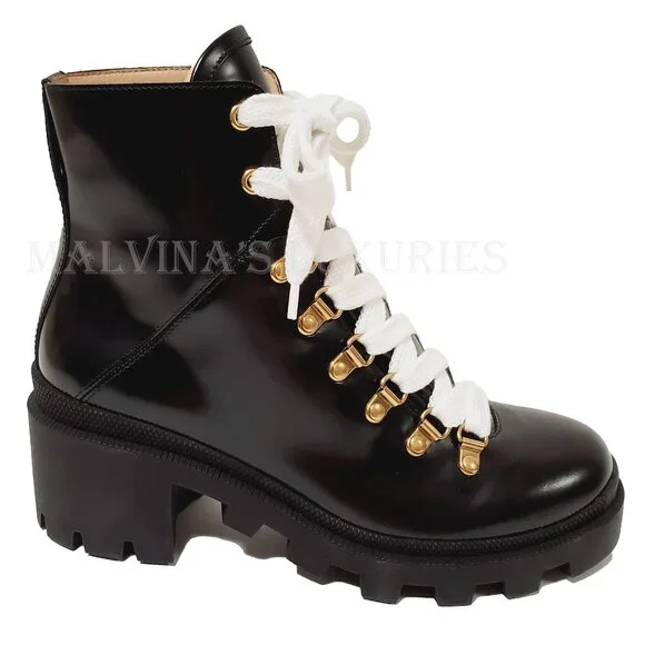 GUCCI BOOTS LACE-UP BLACK LEATHER ANKLE BOOTIE RUBBER LUG SOLE sz 37.5 / 7.5